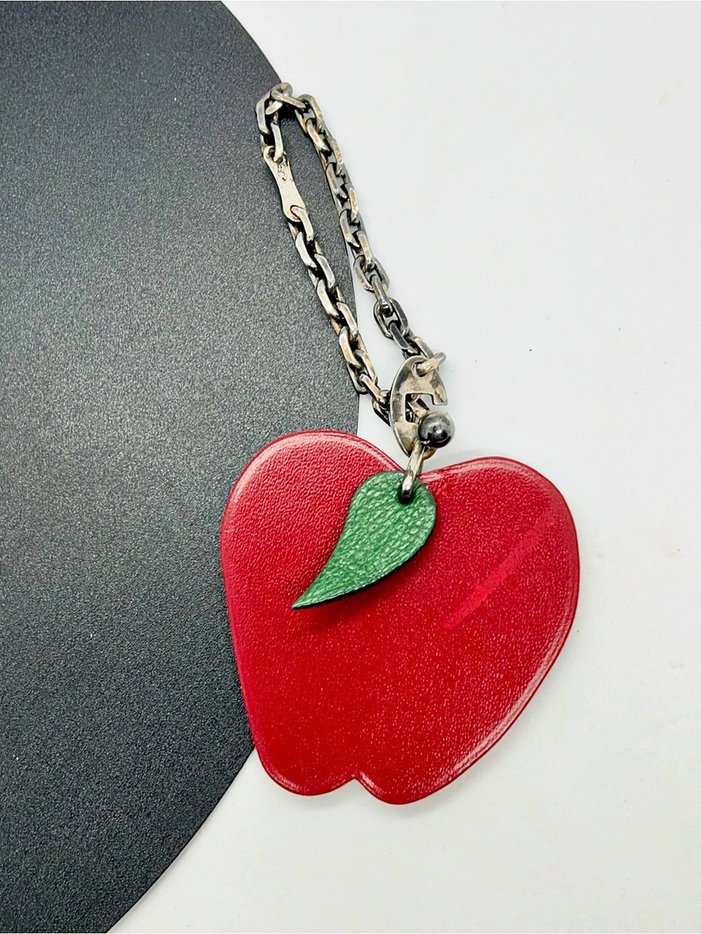 Vintage Hermes Apple Leather Bag Charm Key Holder Red Green Silver Chain